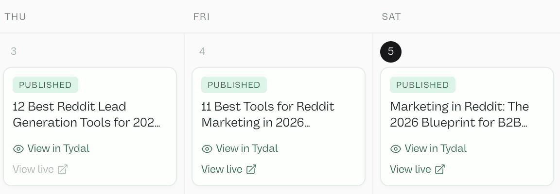 Content calendar with published articles scheduled across the week